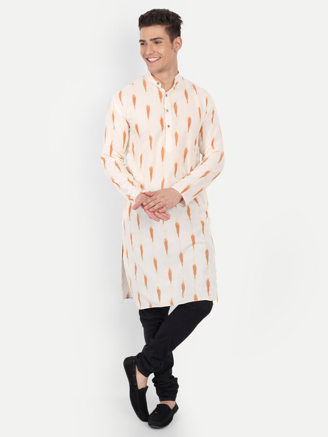White Ikkat Print Cotton Long Kurta